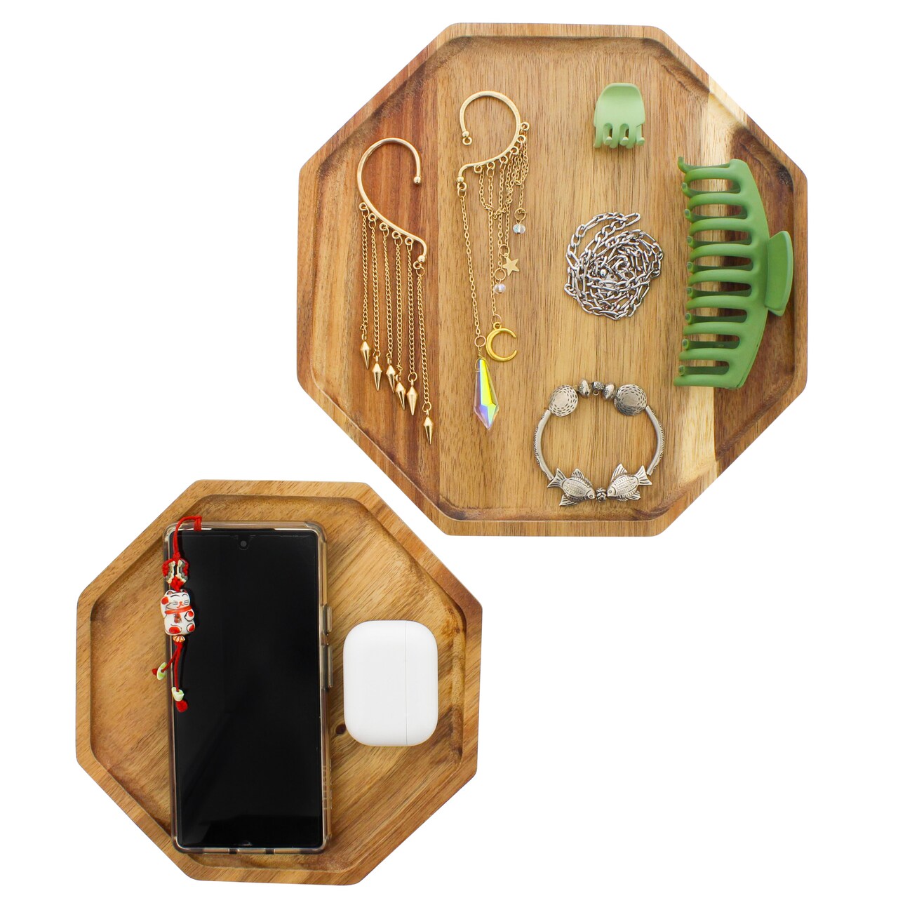 Spec101 Acacia Wooden Trays for Decor - 2-Pack Octagon Decorative Serving Tray